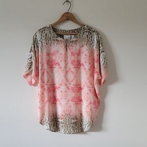 Chico's Pink Tan Animal Print Ikat Lined Blouse Size Medium